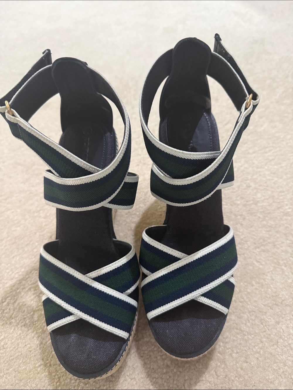 Tory Burch Black and Cream Espadrille Wedge
Sandals